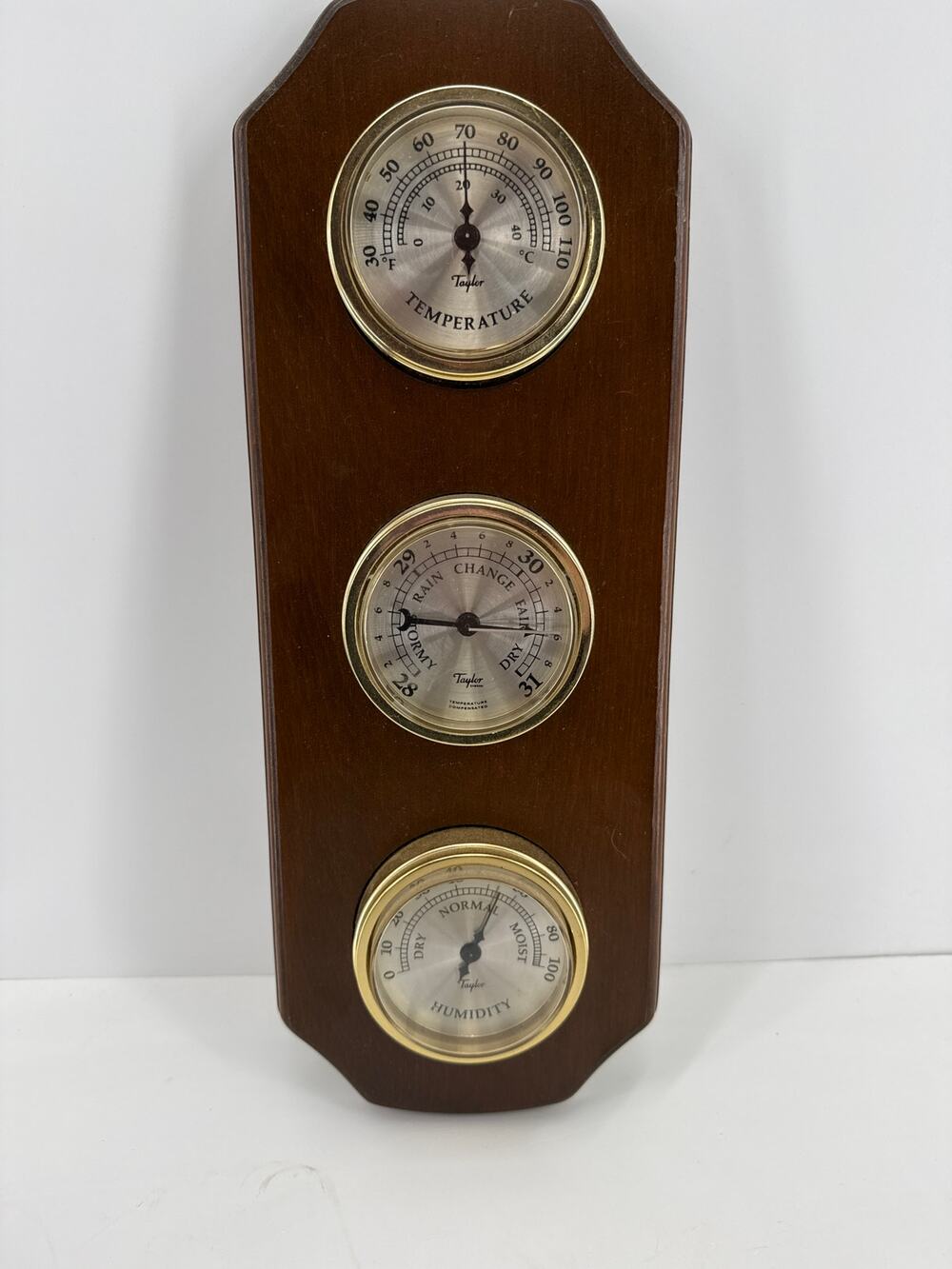 Taylor Weather Station Thermometer Barometer Hygrometer Wood Brass Retro
